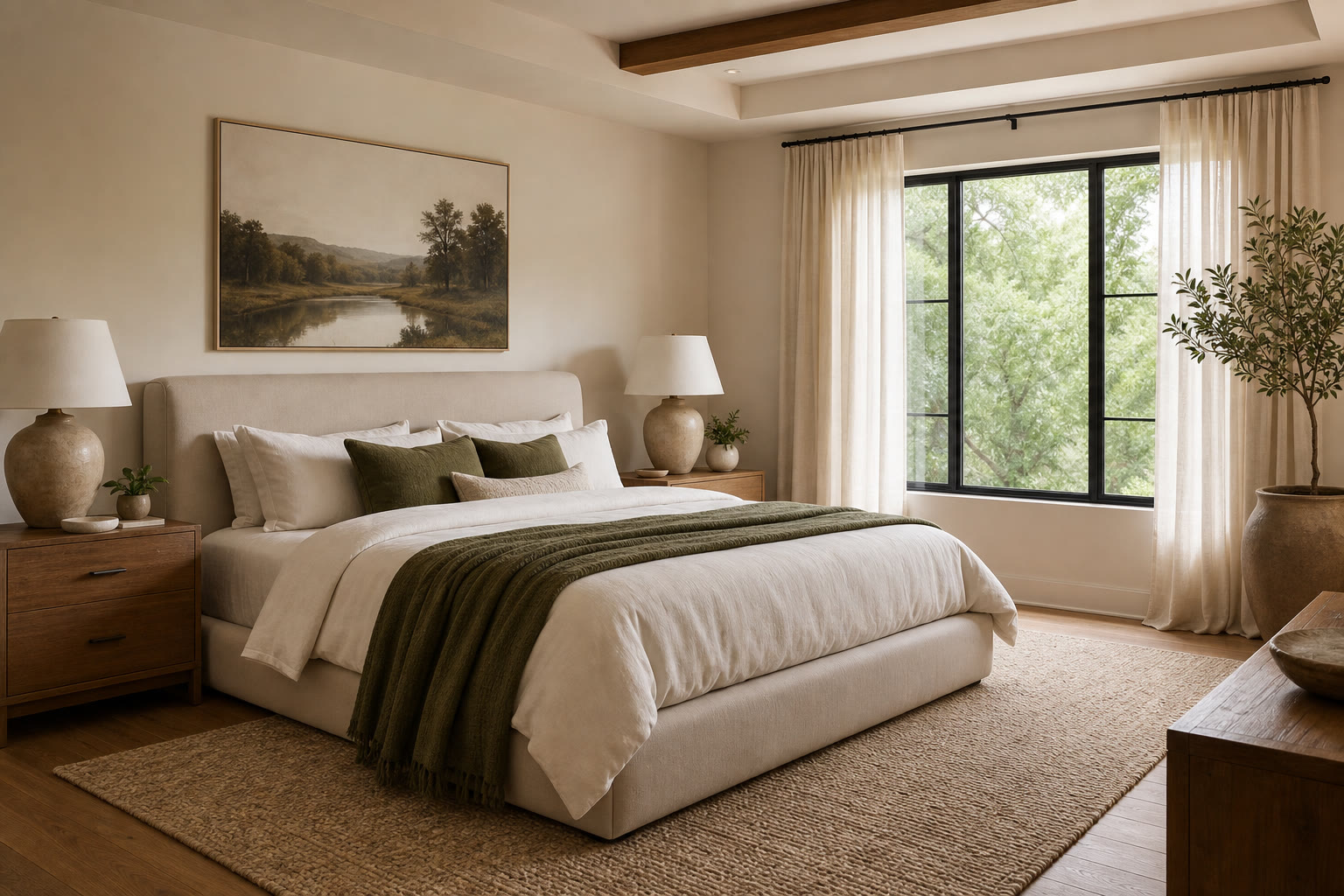 Serene bedroom with linen bedding and soft sage accents