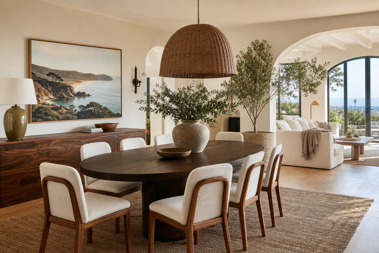 Elegant dining area with warm wood table and woven pendant light
