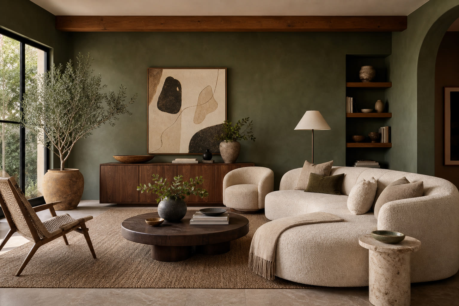 Warm modern organic living room with layered neutral textures