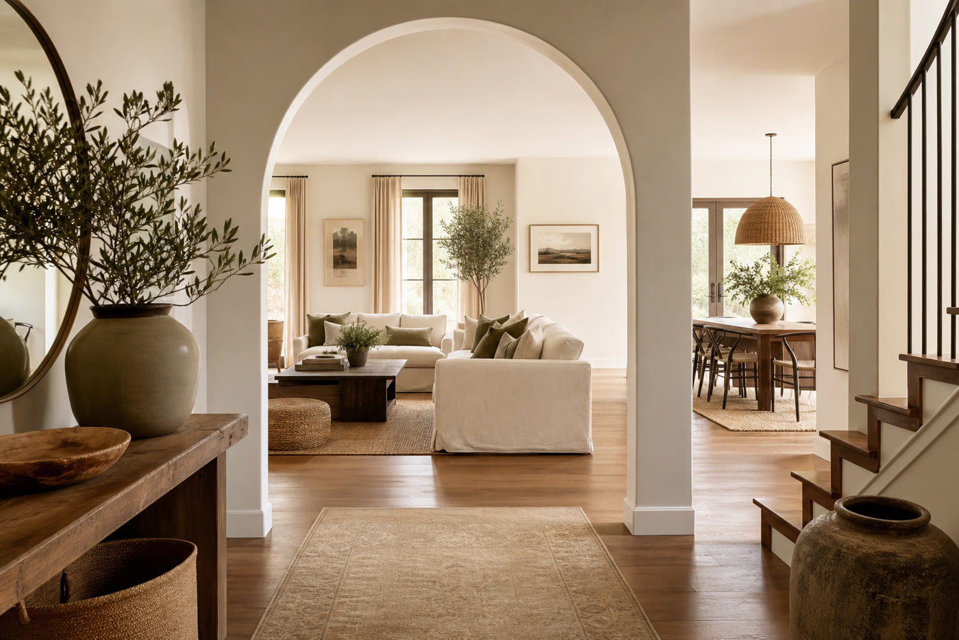 Open floor plan interior showing an entryway, living room, and dining area